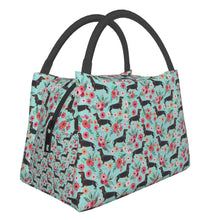 Load image into Gallery viewer, Image of sausage dog bag in black and tan sausage dogs design
