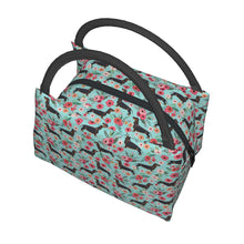 Load image into Gallery viewer, Image of doxie lunch bag in black and tan doxie in bloom design