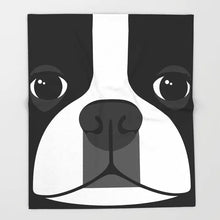 Load image into Gallery viewer, Image of a boston terrier blanket throw on the couch in black and white Boston Terrier design