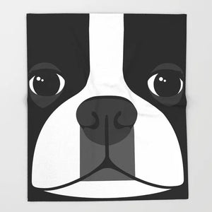 Image of a boston terrier blanket throw on the couch in black and white Boston Terrier design