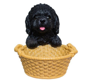 Image of a super cute black Doodle ornament in the most helpful black Doodle holding a basket design