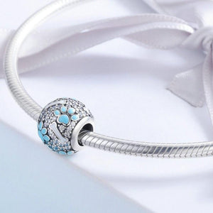 Blue Paw and Bone Studded Silver Charm BeadDog Themed Jewellery