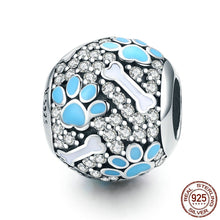 Load image into Gallery viewer, Blue Paw and Bone Studded Silver Charm BeadDog Themed Jewellery