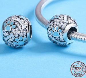 Blue Paw and Bone Studded Silver Charm BeadDog Themed Jewellery