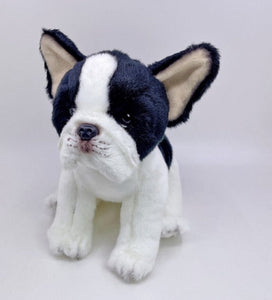 This image shows a side-ways sitting blue pied French Bulldog Stuffed Animal plush toy with big floppy ears.