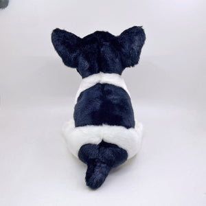 This image shows a sitting blue pied French Bulldog Stuffed Animal plush toy with a short tail at the back.
