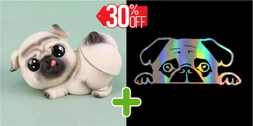 Image of a pug bobblehead and pug car sticker bundle