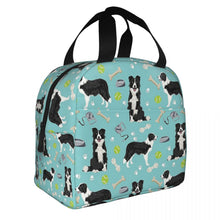 Load image into Gallery viewer, Image of an insulated Border Collie bag with exterior pocket in playful border collie design