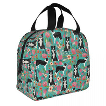 Load image into Gallery viewer, Image of an insulated Border Collie bag with exterior pocket in bloom design