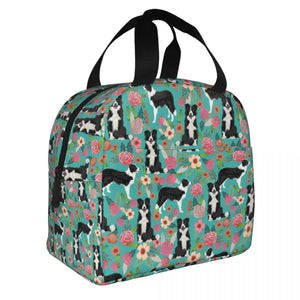 Image of an insulated Border Collie bag with exterior pocket in bloom design