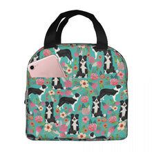 Load image into Gallery viewer, Image of an insulated Border Collie in bloom design Border Collie lunch bag with exterior pocket