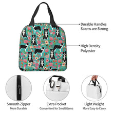 Load image into Gallery viewer, Information detail image of an insulated Border Collie lunch bag with exterior pocket in bloom design