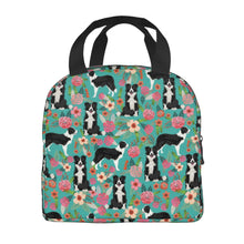 Load image into Gallery viewer, Image of an insulated Border Collie in bloom design Border Collie bag with exterior pocket