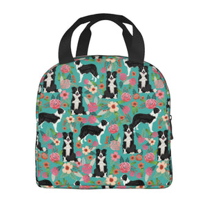 Image of an insulated Border Collie in bloom design Border Collie bag with exterior pocket