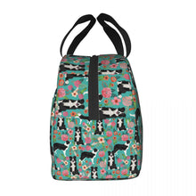 Load image into Gallery viewer, Side image of an insulated Border Collie lunch bag with exterior pocket in bloom design