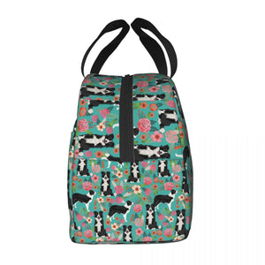 Side image of an insulated Border Collie lunch bag with exterior pocket in bloom design