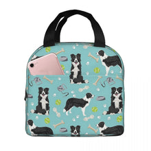 Load image into Gallery viewer, Image of an insulated Border Collie lunch bag with exterior pocket in playful border collie design