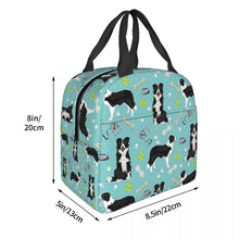 Load image into Gallery viewer, Image of the size of an insulated Border Collie lunch bag with exterior pocket in playful border collie design