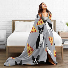 Load image into Gallery viewer, Image of a boston terrier blanket throw in the super cute Boston Terriers and Pizzas design