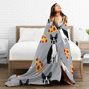 Image of a boston terrier blanket throw in the super cute Boston Terriers and Pizzas design