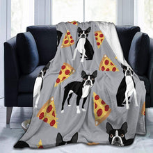 Load image into Gallery viewer, Image of a boston terrier dog blanket in the super cute Boston Terriers and Pizzas design