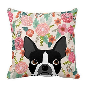 Image of a boston terrier pillow case in the bloom print