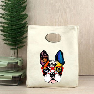 Image of a boston terrier lunch bag in boston terrier with glasses design
