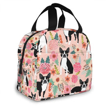 Load image into Gallery viewer, Image of a boston terrier lunch bag with an exterior cell phone or wallet pocket