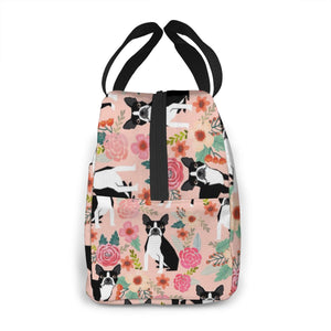 Side image of a boston terrier lunch bag in the cutest boston terrier print