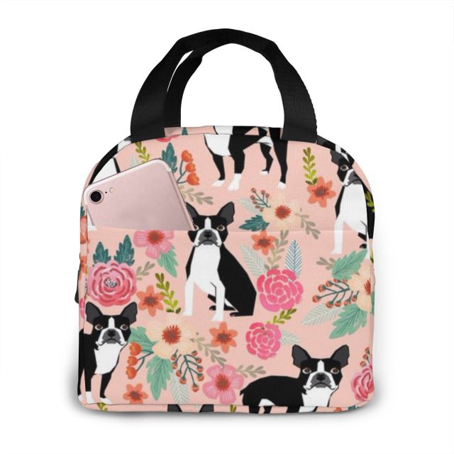 Image of an insulated boston terrier lunch bag with exterior cell phone or wallet pocket
