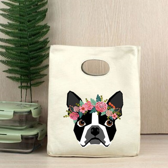 Image of a boston terrier lunch bag in boston terrier in bloom design