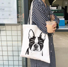 Load image into Gallery viewer, Image of a lady carrying black and white boston terrier handbag