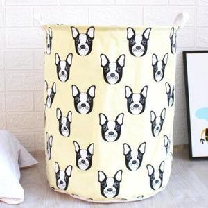 Image of a cream color boston terrier laundry basket