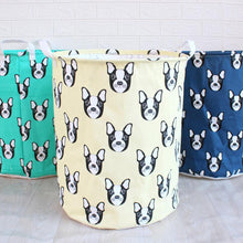 Load image into Gallery viewer, Image of three boston terrier laundry baskets in the color green, cream, and blue