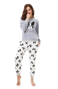 Image of a girl wearing boston terrier womens pajamas in the cutest warm fleece fabric