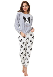 Image of a girl wearing boston terrier pj set in the cutest warm fleece fabric