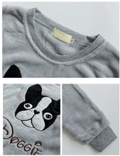 Load image into Gallery viewer, Close up collage image of boston terrier pajamas in the cutest warm fleece fabric
