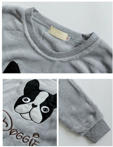 Close up collage image of boston terrier pajamas in the cutest warm fleece fabric