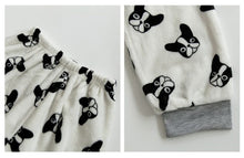 Load image into Gallery viewer, Close up collage image of boston terrier pajama pants in the cutest warm fleece fabric