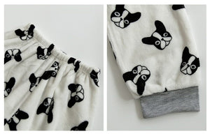Close up collage image of boston terrier pajama pants in the cutest warm fleece fabric