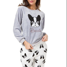 Load image into Gallery viewer, Image of a girl wearing boston terrier pajamas womens in the cutest warm fleece fabric