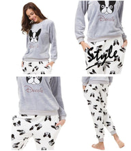 Load image into Gallery viewer, Collage of the girl wearing boston terrier pajamas in the cutest warm fleece fabric