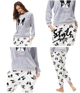 Collage of the girl wearing boston terrier pajamas in the cutest warm fleece fabric