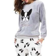 Load image into Gallery viewer, Image of a girl wearing boston terrier pajamas in the cutest warm fleece fabric