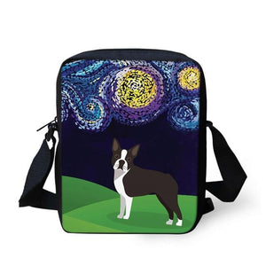 Image of a boston terrier messenger bag with white background