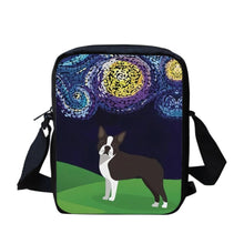 Load image into Gallery viewer, Image of a boston terrier messenger bag with white background