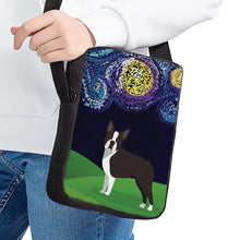 Load image into Gallery viewer, Image of a lady wearing a boston terrier messenger bag