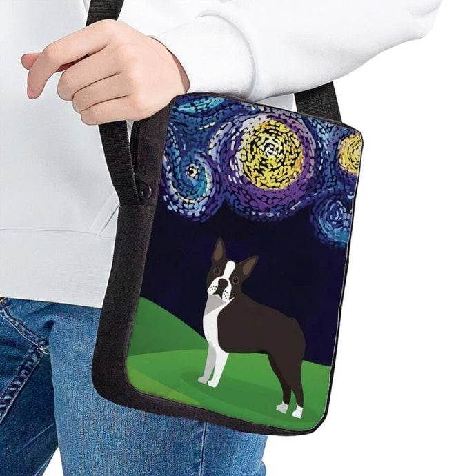 Image of a lady wearing a boston terrier messenger bag
