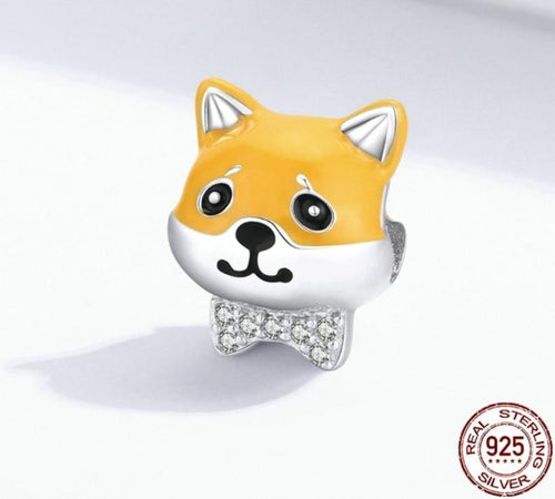 Bow-tie Shiba Inu Love Silver Charm BeadDog Themed Jewellery