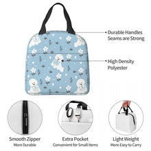 Load image into Gallery viewer, Information detail image of an insulated Bichon Frise lunch bag with exterior pocket in bowtie bichon frise design